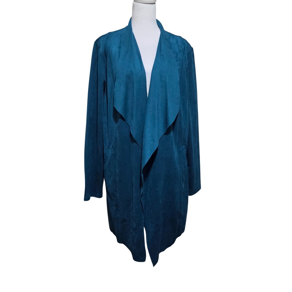Chicos Faux Suede Drape Jacket Striking Teal Open Front Cardigan Size 2 L 12/14
